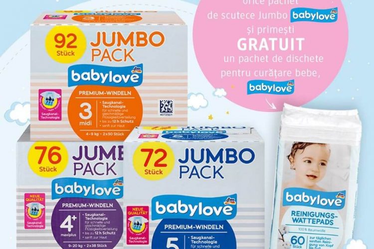 Promotie dm drogerie markt: pachet de scutece Jumbo babylove + pachet de dischete pentru curatare bebe GRATUIT
