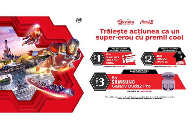 Cora Coca-Cola Traieste actiunea ca un super-erou cu premii cool! Castiga voucher Cora, tricou Marvel sau Samsung Galaxy Buds2 Pro!